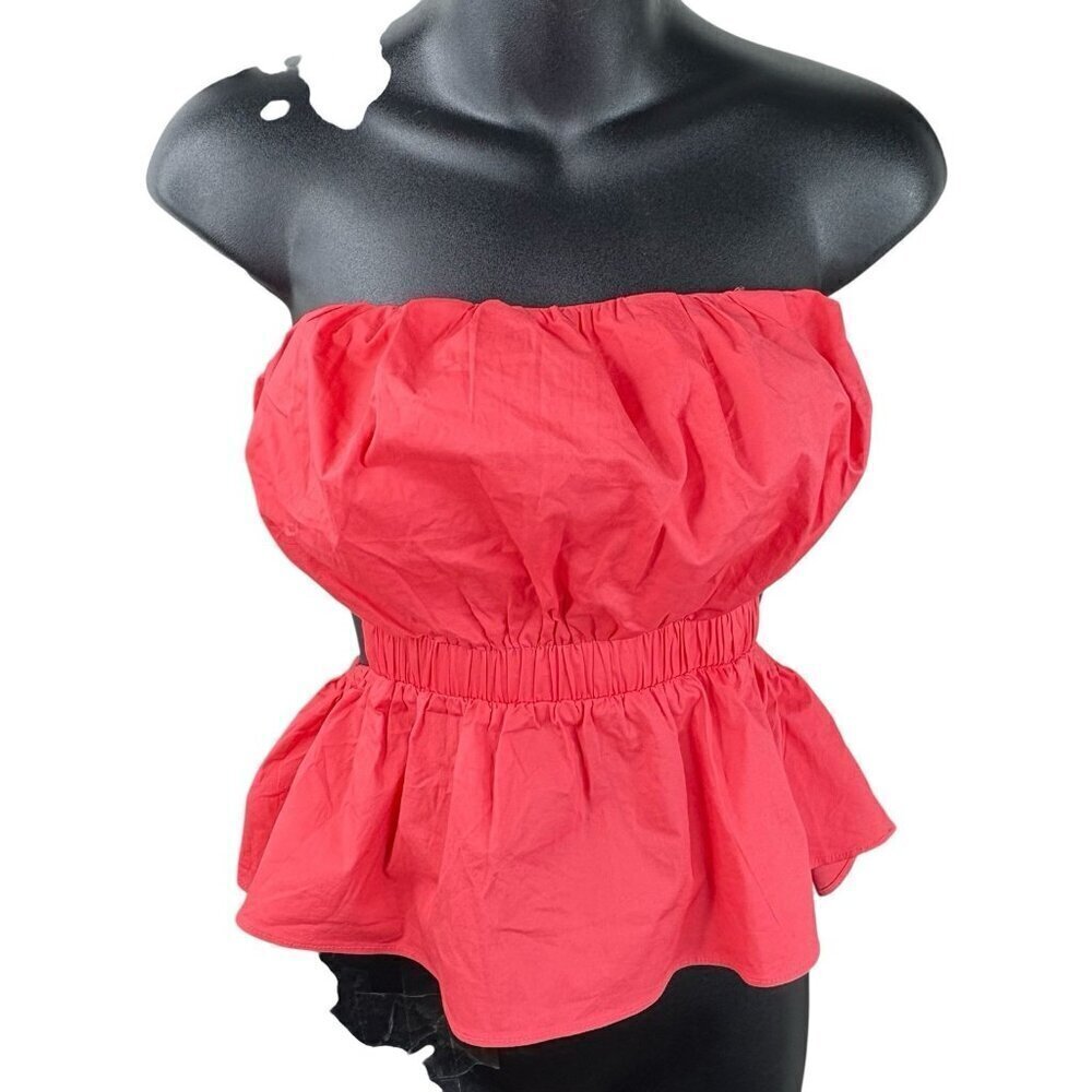 SUMMER Coral Ruched Halter Top Peekaboo Back Elastic Waist Peplum Hem Women’s S
